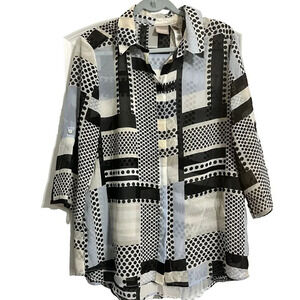 Chico's Womens Blue Black Patchwork Button Up Sheer XL 2 Collared Long Sleeve